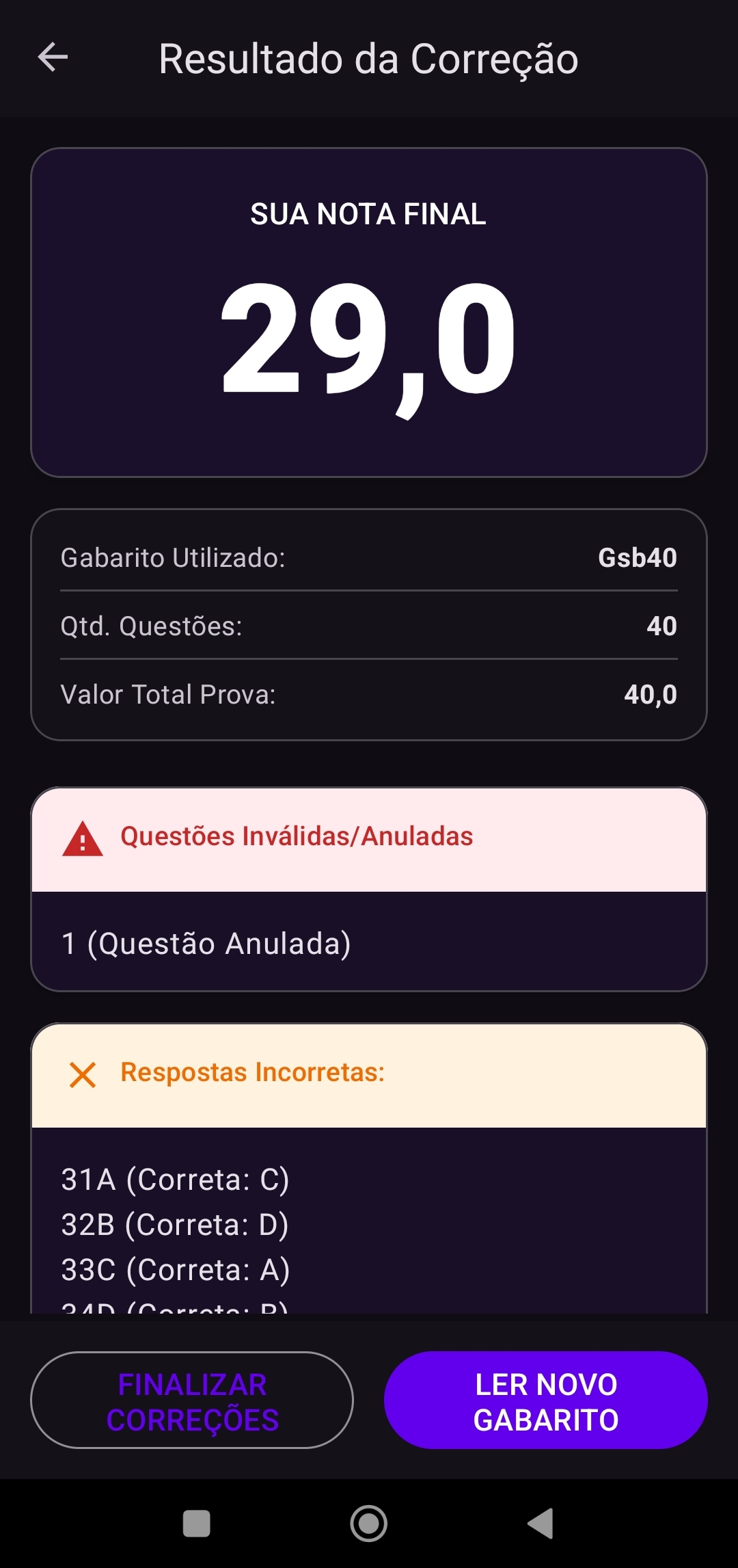 Resultado da correção